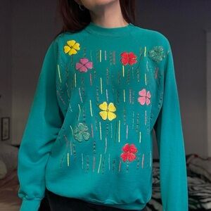 Vintage 90s Teal Floral Applique Crewneck Sweatshirt Cottagecore Grandma Top M